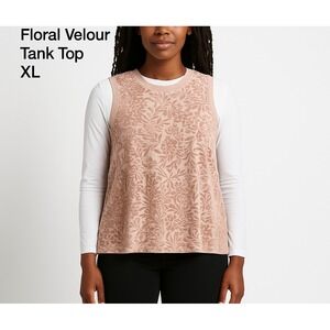 Apt. 9 Women's Tank Top XL Pink Floral Velour‎ Sleeveless Blouse Shirt
